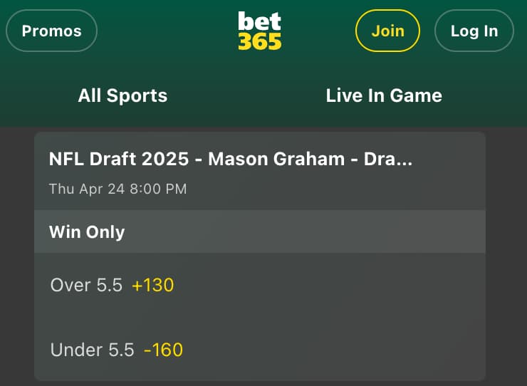 Mason Graham NFL Draft odds over/under 5.5 draft position.
